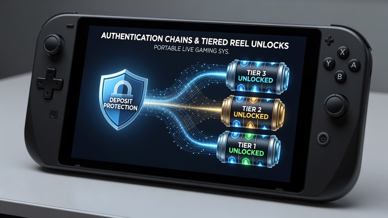 Illustration of mobile device screen showing tiered reel unlock process linked to deposit verification