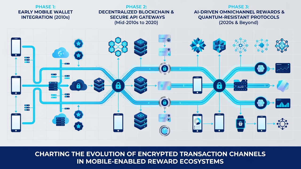 Diagram illustrating modern encrypted mobile reward transaction flow including biometrics, tokenisation, and real-time ledger updates