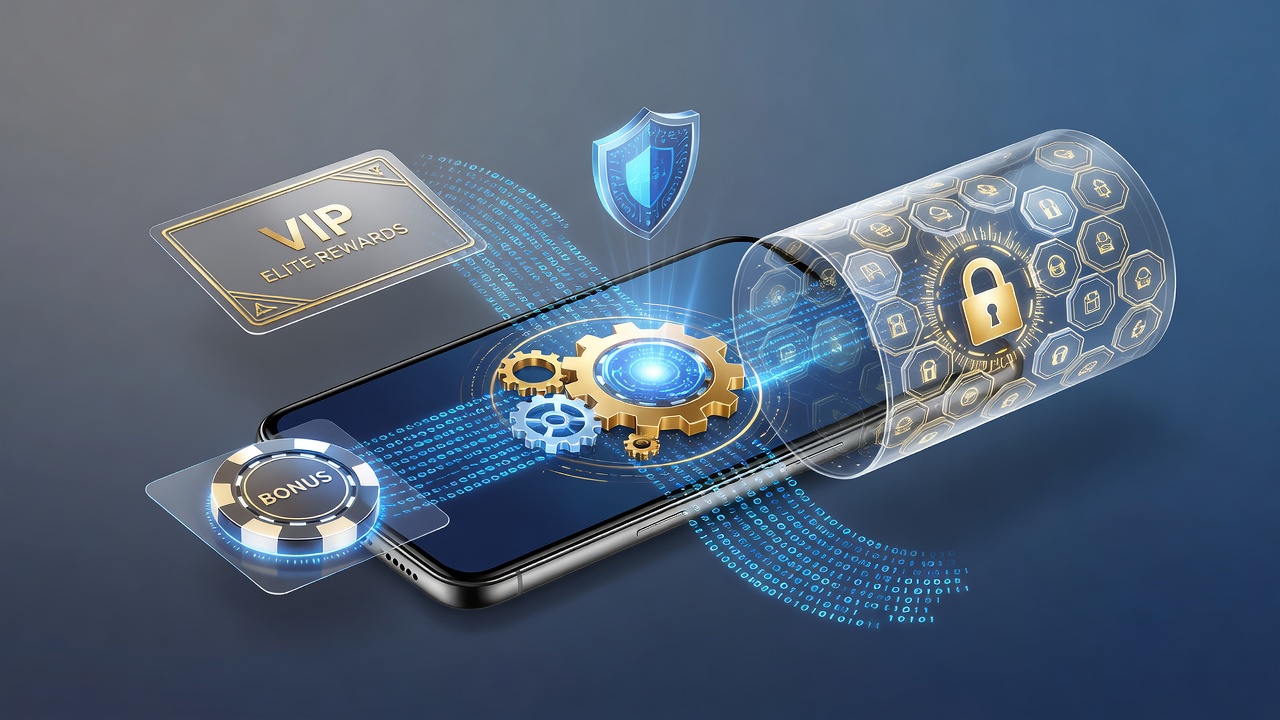 Mobile casino app interface showing encrypted payment synchronization with VIP reward tiers