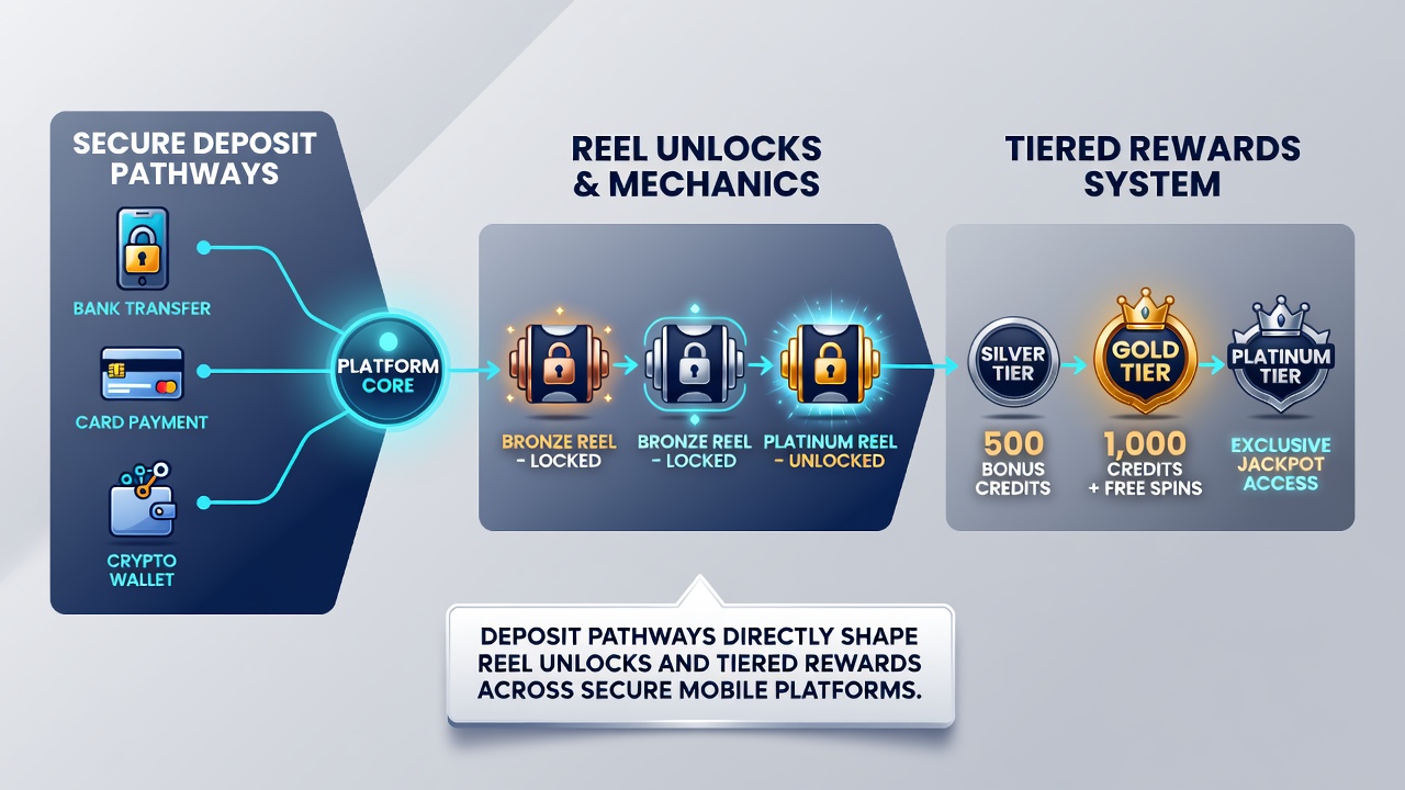 Mobile app screen displaying tiered rewards and deposit confirmation for reel access