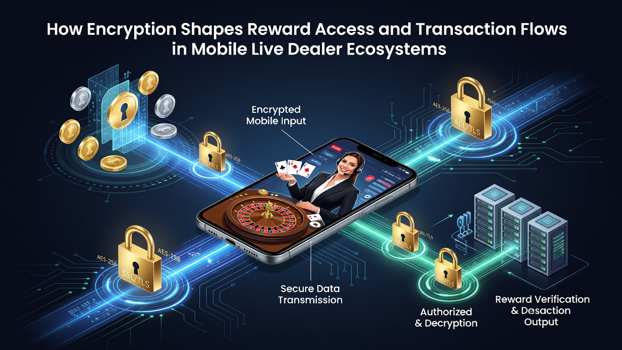 Secure transaction flow diagram highlighting encryption points between mobile devices and live dealer servers