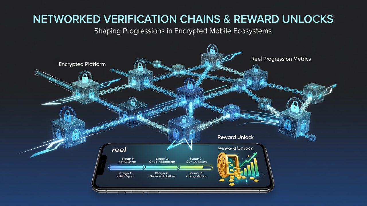Illustration of networked verification chains connecting mobile devices in encrypted gaming platforms