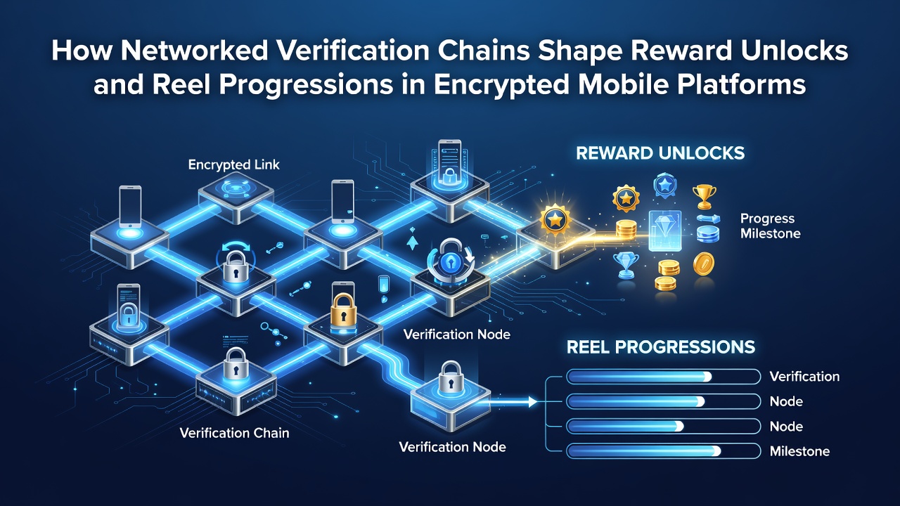 Diagram showing encrypted data flows between verification nodes and reel progression interfaces