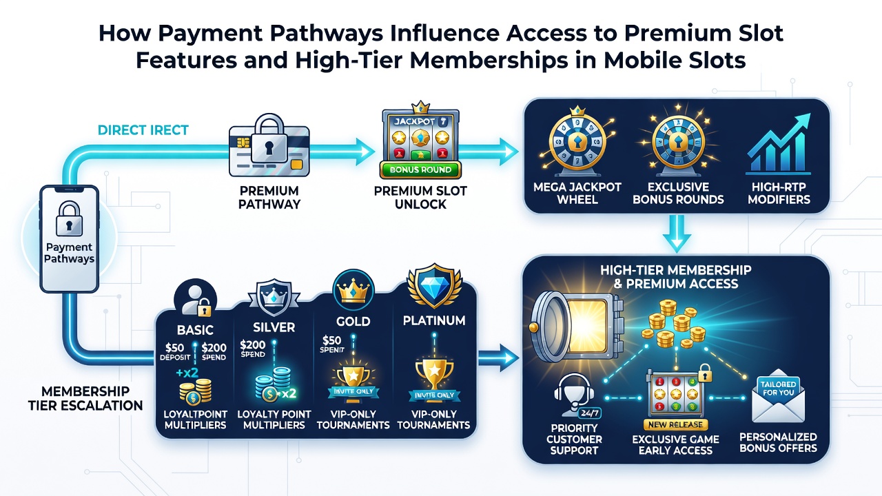 Illustration of tiered membership dashboard on a smartphone screen displaying premium slot access levels and payment history