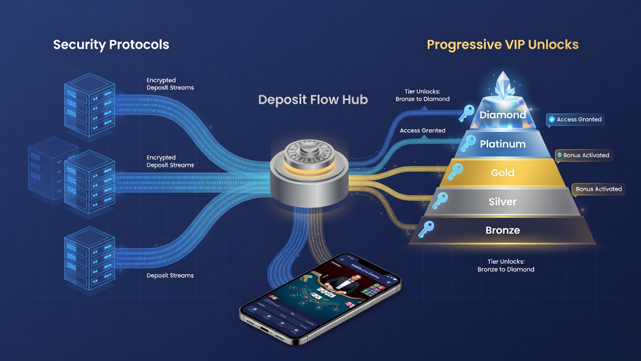 Secure mobile transaction flow showing VIP tier advancement after verified deposit