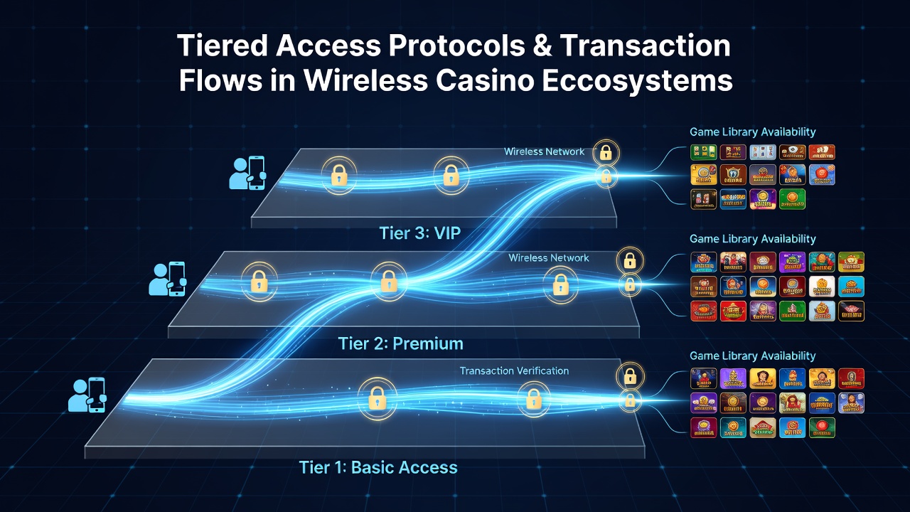 Wireless casino ecosystem diagram showing tiered access layers connected to transaction flows and game libraries