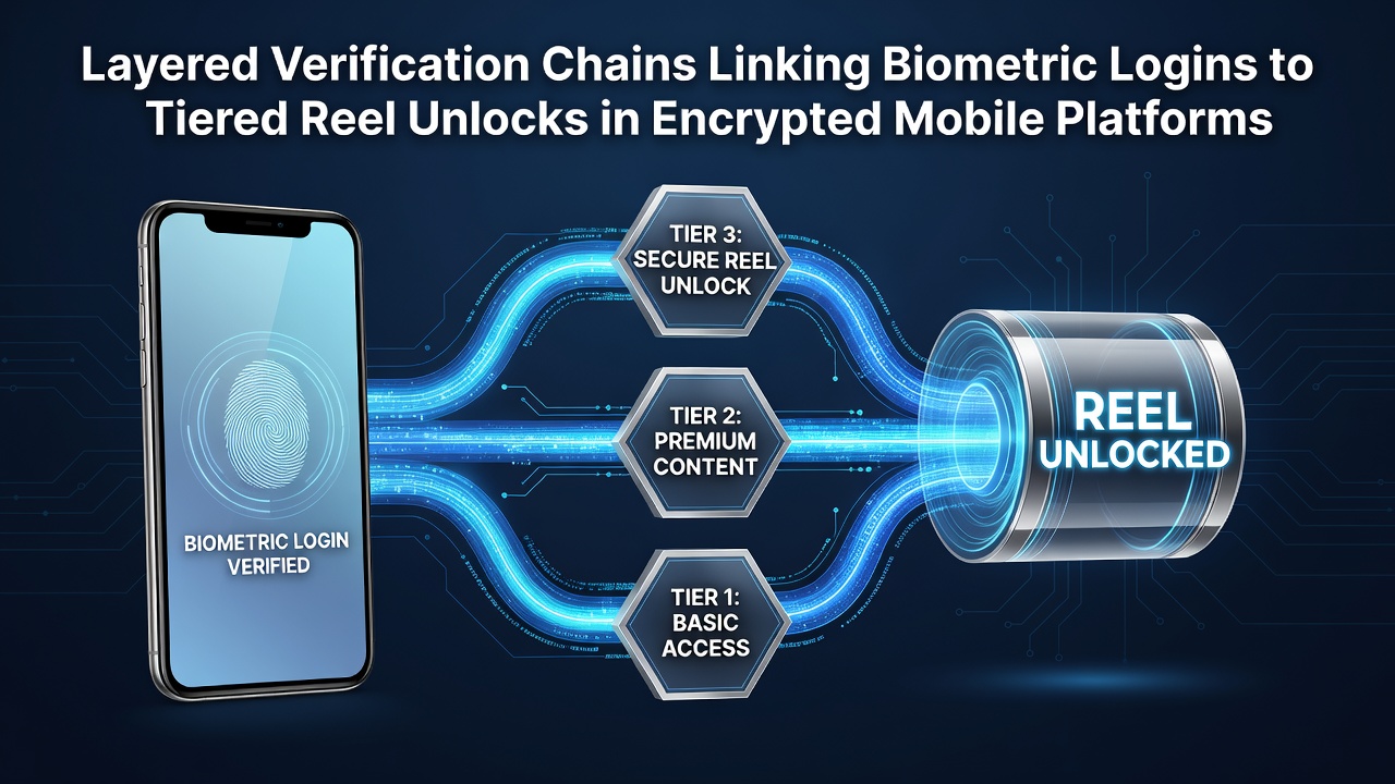 Diagram showing biometric login chains connecting to encrypted mobile reel unlock tiers