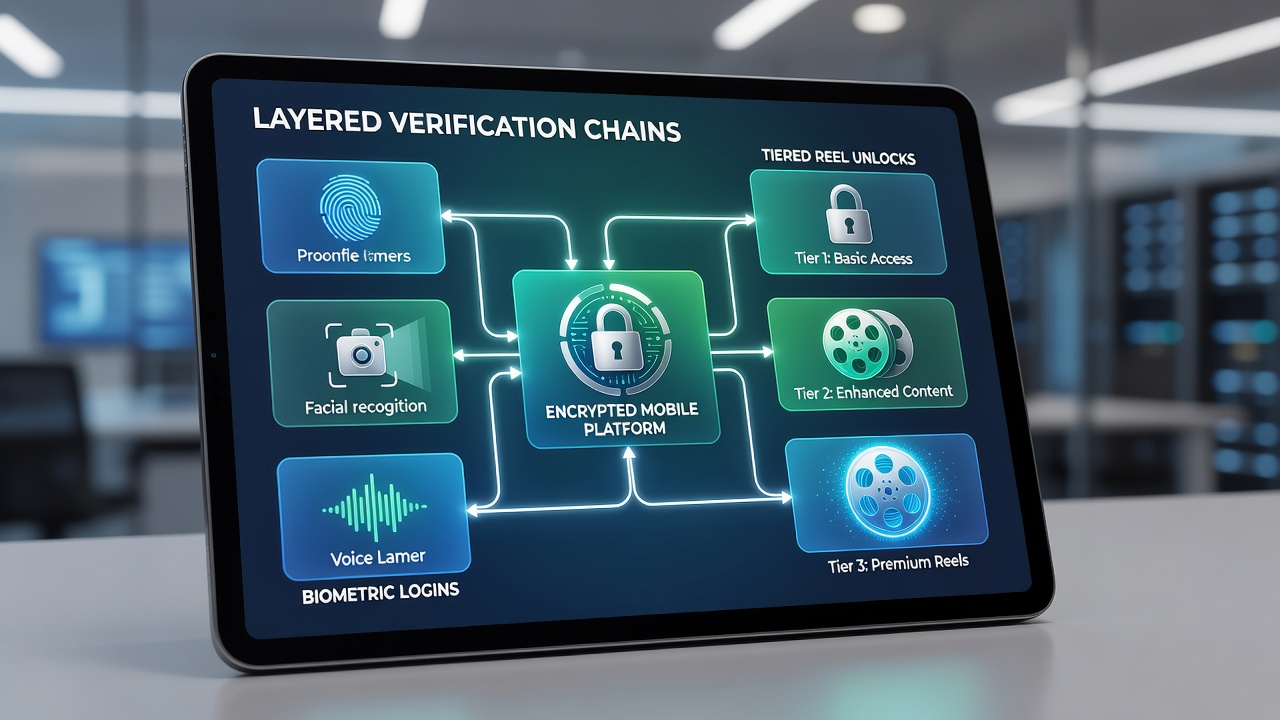 Illustration of encrypted mobile platform architecture with biometric chain verification for reel tiers