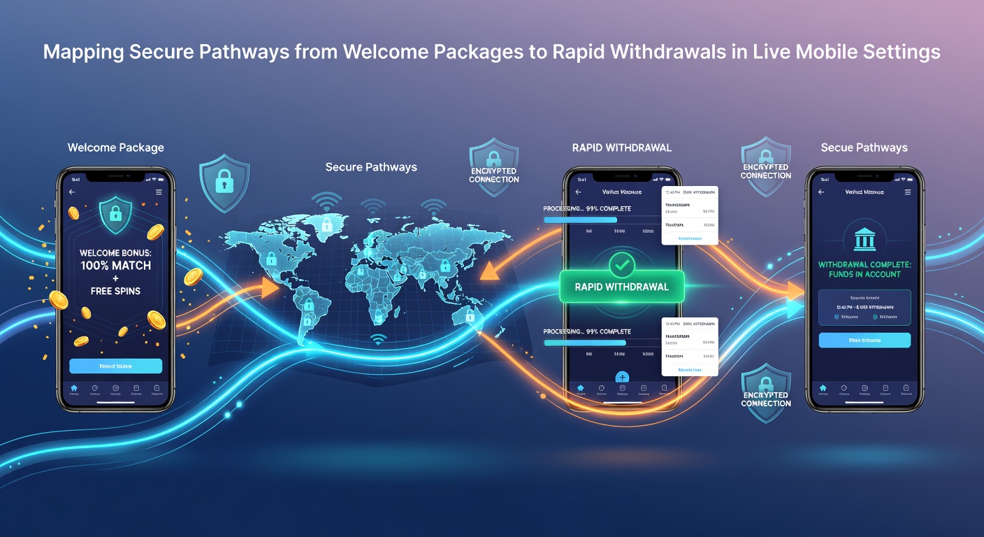 Diagram showing encrypted pathways connecting welcome bonuses to rapid withdrawals in mobile live casino platforms