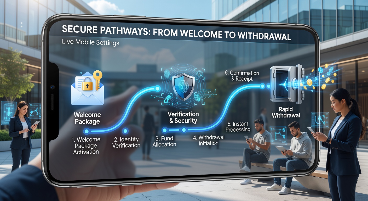 Mobile interface displaying secure transaction flow from bonus activation to instant withdrawal confirmation