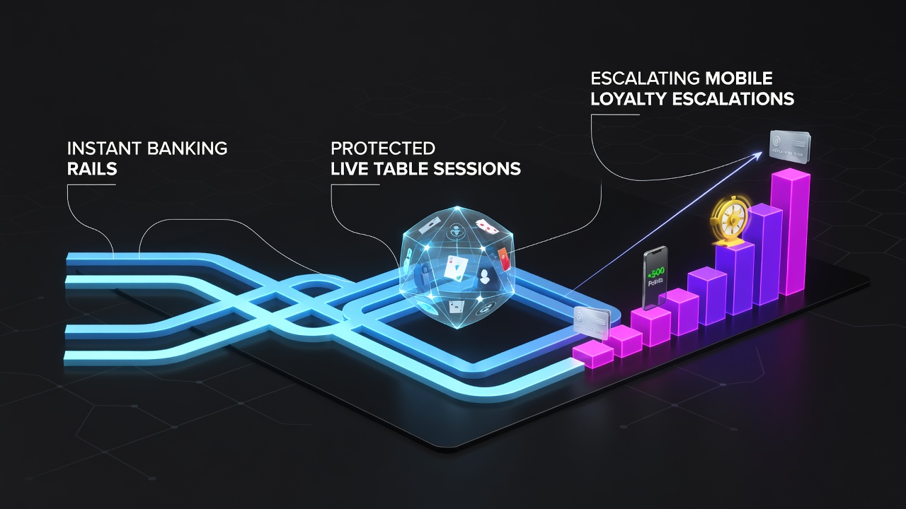 Illustration of mobile banking integration with live table game interfaces showing secure transaction flows
