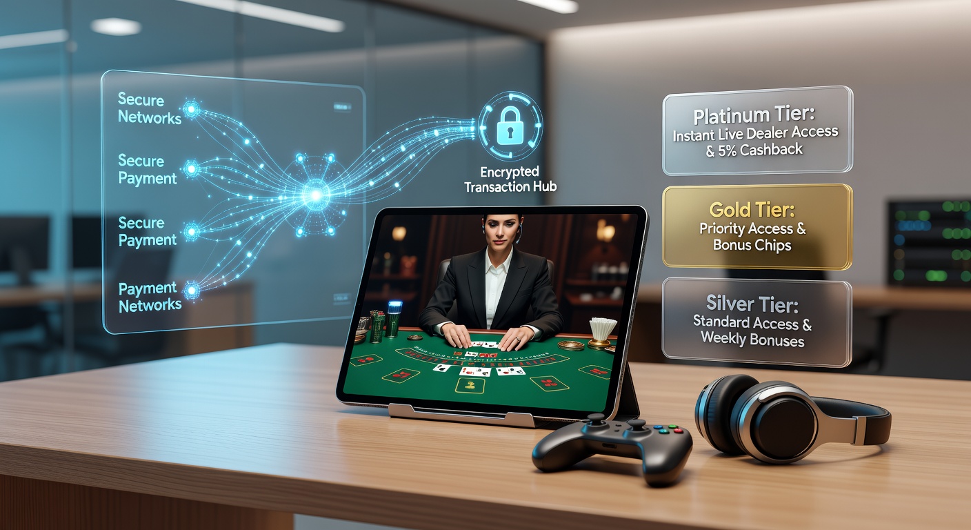 Secure payment networks integrated with live dealer mobile gaming interfaces showing encrypted transaction flows and reward tier displays