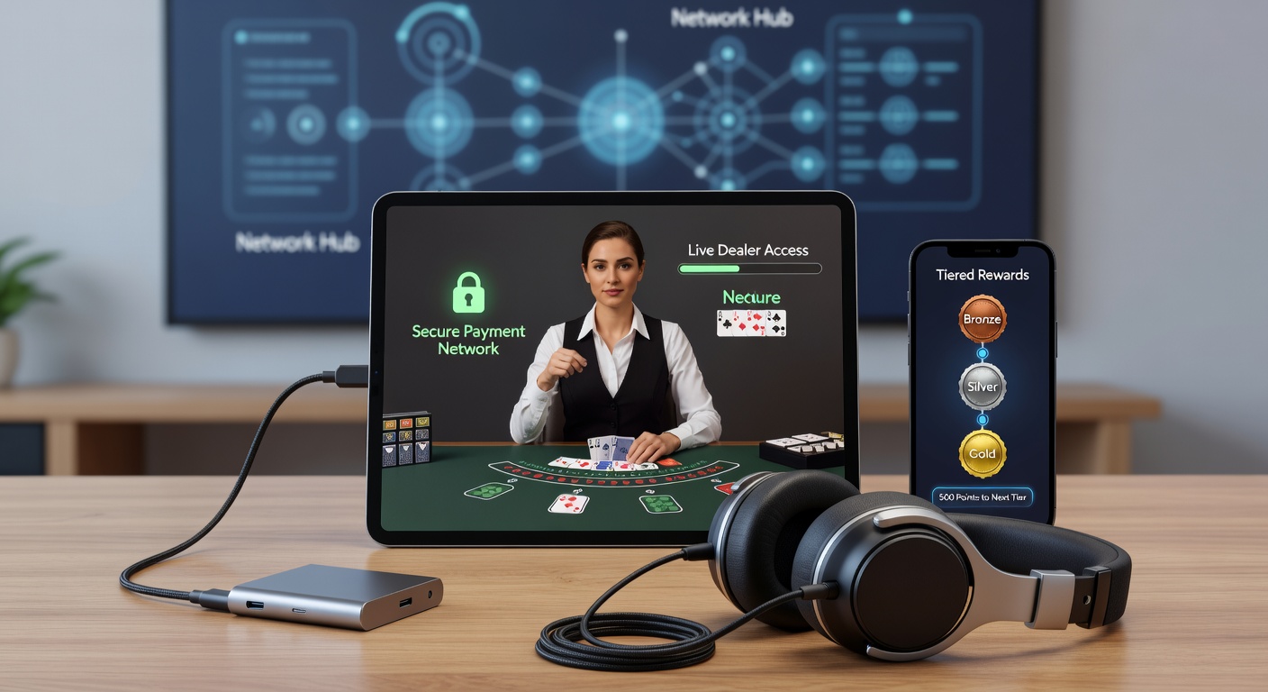 Mobile gaming interface displaying tiered rewards progression next to live dealer access buttons with secure payment confirmation indicators