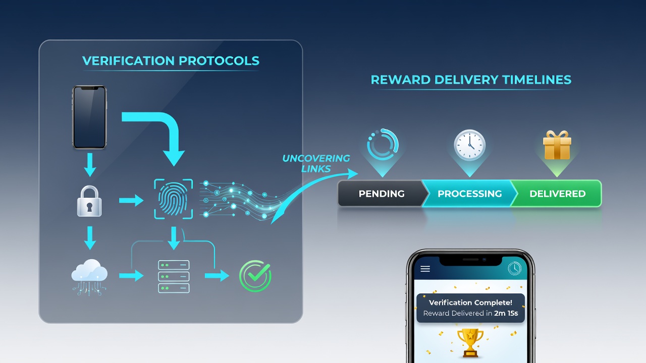 Illustration of reward processing flow with verification checkpoints leading to payout timelines in mobile casino apps